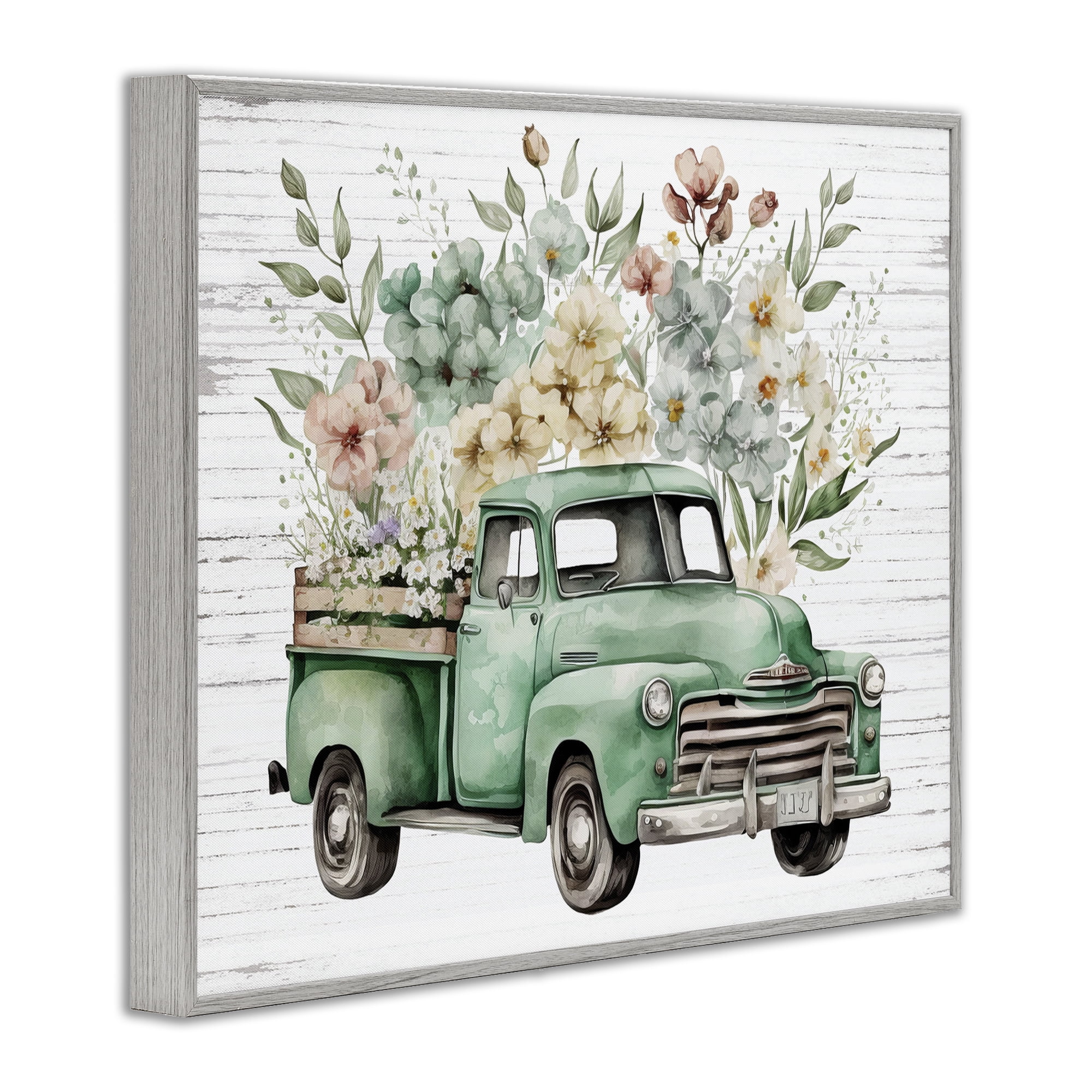 Stupell Industries Floral Filled Truck Transportation Painting Gray Framed Art Print Wall Art, 20 x 16
