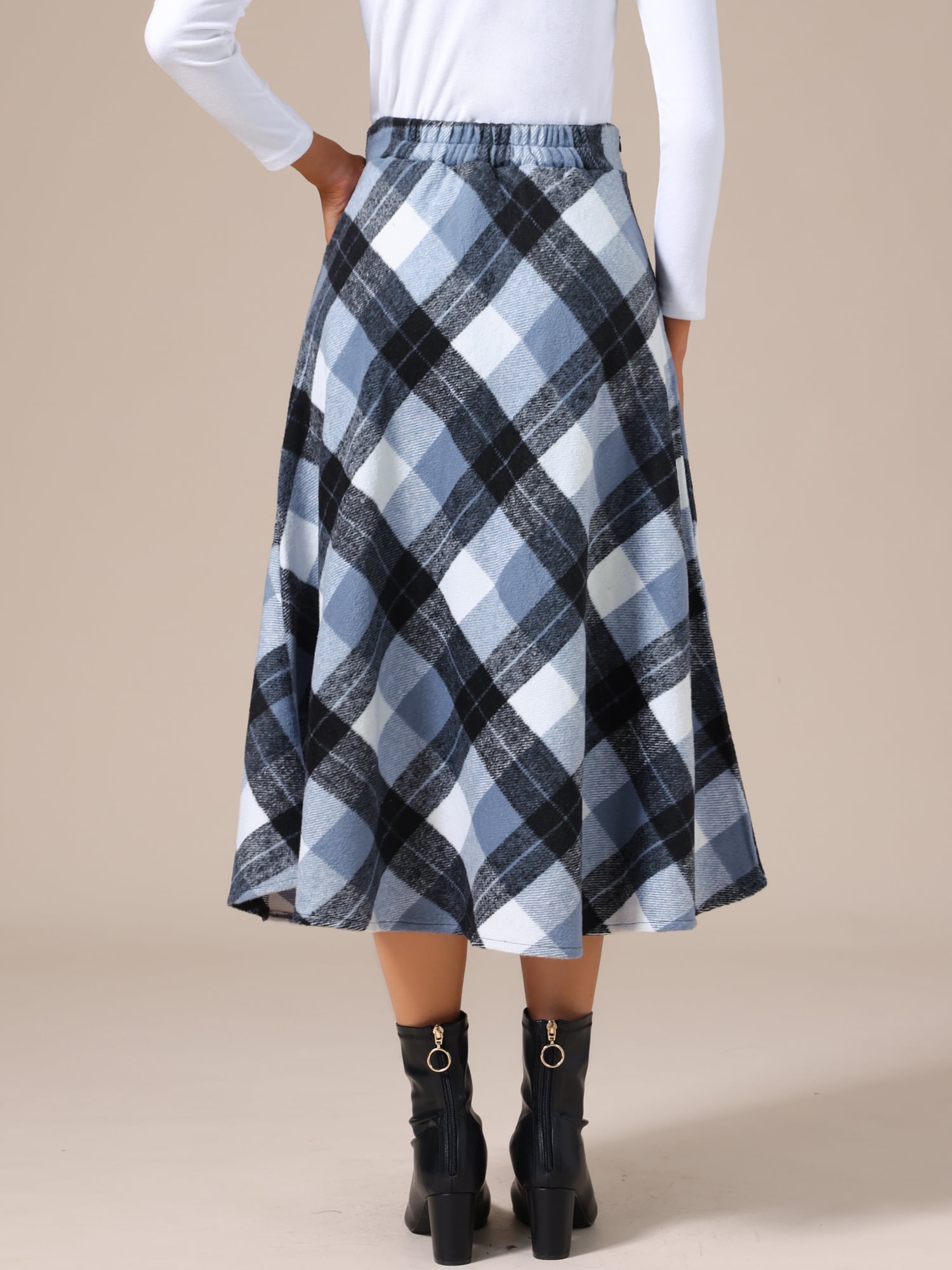 DARING DIVA Women's Vintage Plaid A-Line Work Long Maxi Skirt Small Gray Blue