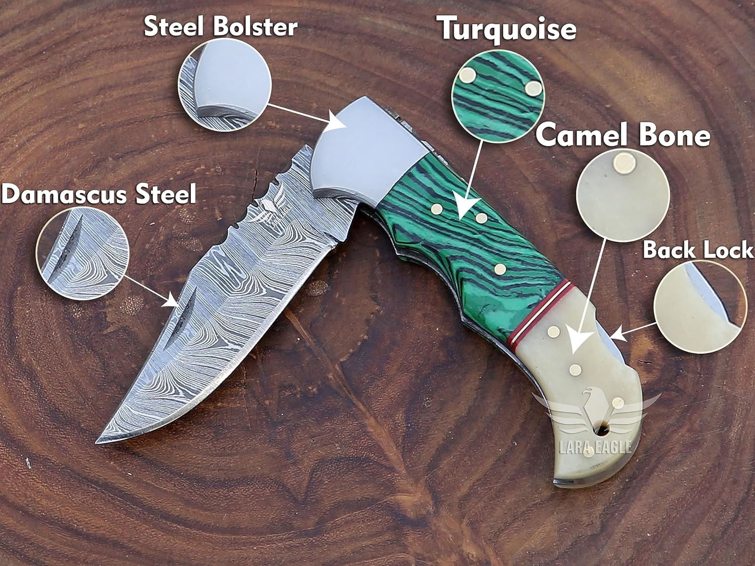 Lara Eagle Damascus Pocket Knife for Men - Multi Layer Solid Steel Handmade Folding Hunting Knives Turquoise & Camel Bone Handle with Sharpner and Leather Pouch