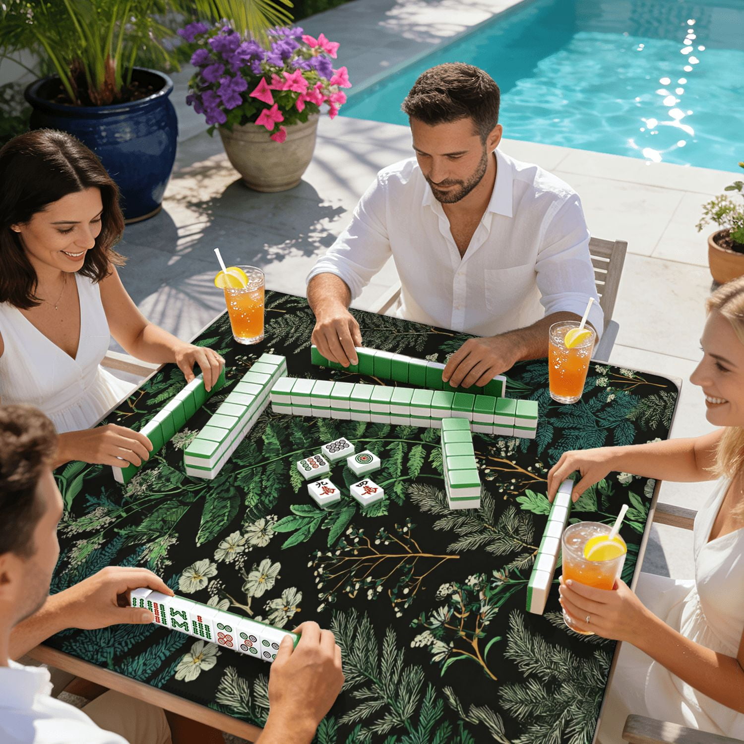 Mahjong Mat 31.5" x 31.5" Magical forest Botanical seamless Vintage Non-Slip Noise Reduction American Mahjong Tiles Table Cover for Dominoes Poker Card Board Games Gift