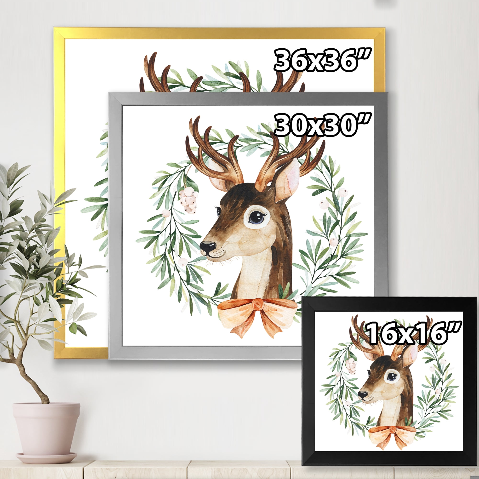 Designart 'Floral Wreath Isolated On White Over Deer' Farmhouse Framed Art Print