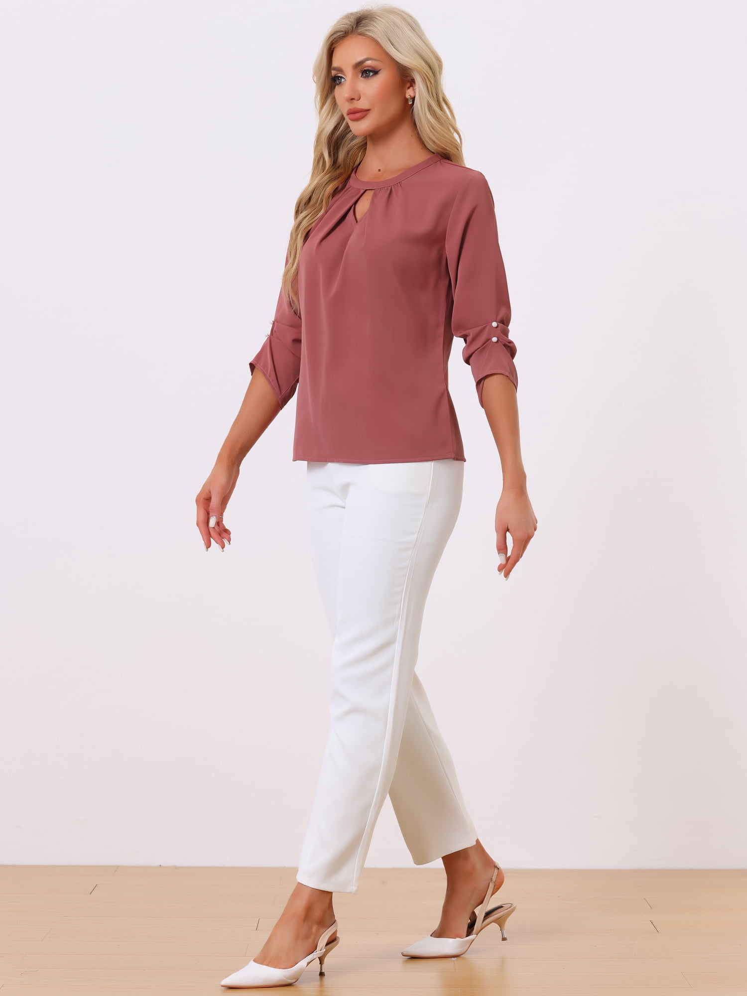 DARING DIVA Round Neck Keyhole Pleated Shirred Work Top M Carmine Red