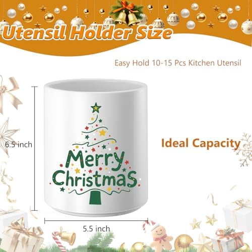 Christmas Utensil Holder Ceramic Cooking Utensil Holder for Kitchen Counter Green Xmas Tree Utensils Holder, Large Spatula Holder Glossy White Christmas Gift Kitchen Decor （6.5”H x 5.5”D）