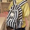 thumbnail image 4 of Striped Bow School Backpack, Chic Backpack with Drawstring Side Pocket, Nylon Waterproof Bookbag for College Shopping Travel (Black), 4 of 4