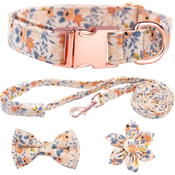 UOSIA Dog Collar and Leash Set Girls Adjustable Puppy Collars with Floral Bow Tie,flower