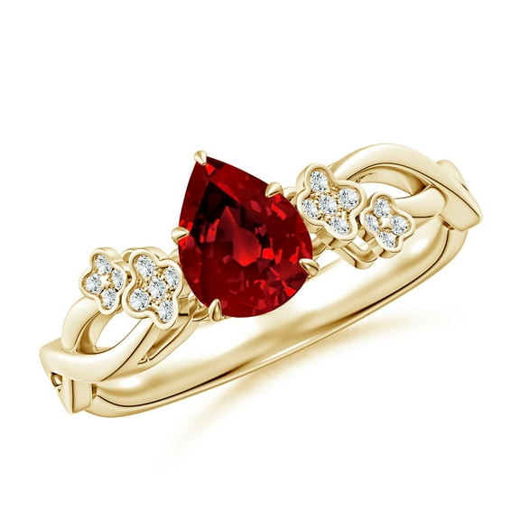 ANGARA Lab Grown Nature-Inspired Pear Ruby Floral Engagement Ring for Women in 14K Yellow Gold (Size-7x5mm) | July Birthstone, Birthday, Anniversary, Jewelry Gift for Women | Lab-Grown Ruby Ring