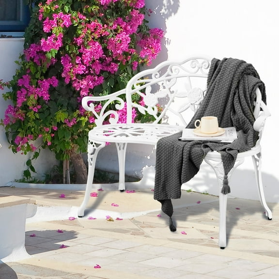 Villeston Patio Outdoor Bench,White Cast-Aluminum Garden Benches Metal Loveseat Outdoor Furniture