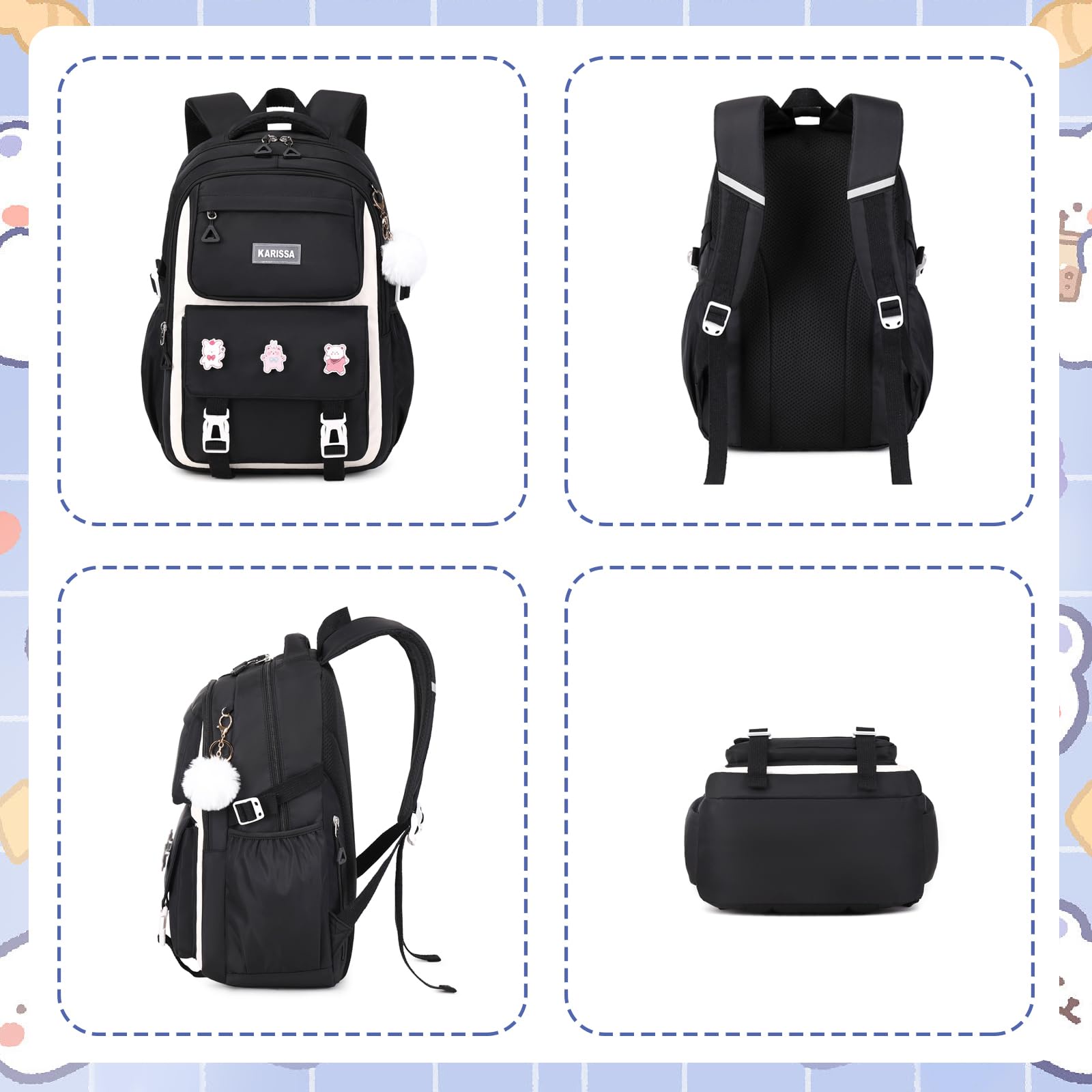 Soda Candy Backpacks with Anti-Theft Back Pocket, Lightweight School Backpack, Water Resistant Bookbag, Black