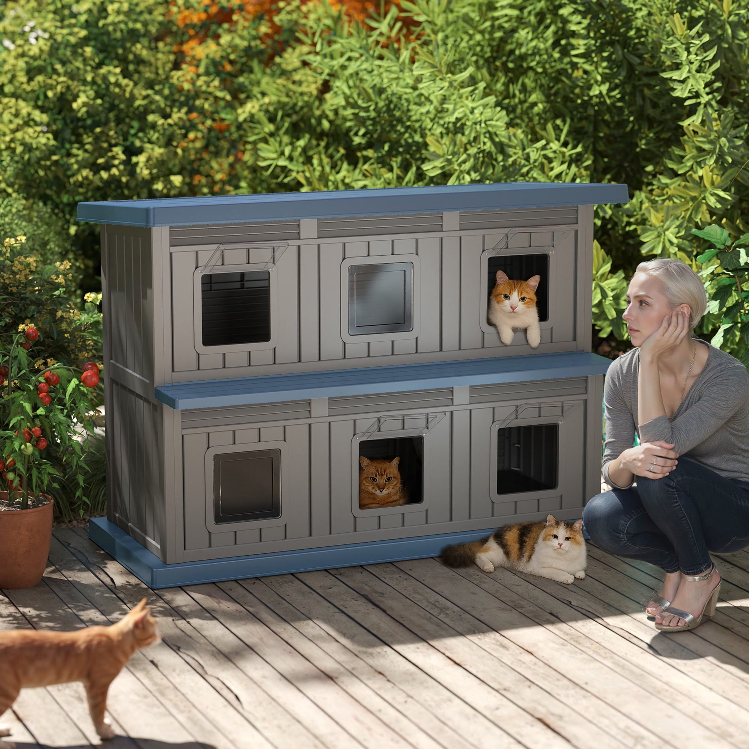 EasyUp Outdoor Cat House Large Double-Decker Cat Houses for Outdoor Cats with Adjustable Window Balcony Weatherproof UV Protection Cat Shelter for Several Feral Cats,Blue&Grey
