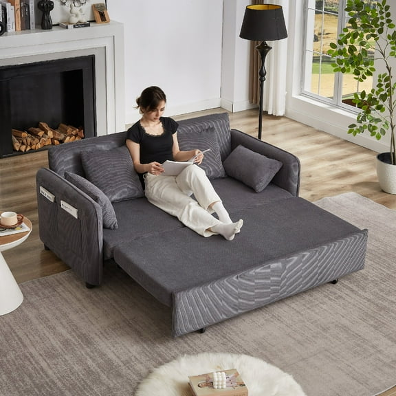 66" Sleeper Sofa Bed 3-in-1 Adjustable Sleeper with Side Pockets and Pullout Bed 4 Pillows Soft Corduroy Convertible Sleeper Sofa Bed for Living Room, Bedroom, Apartment, Office, Grey