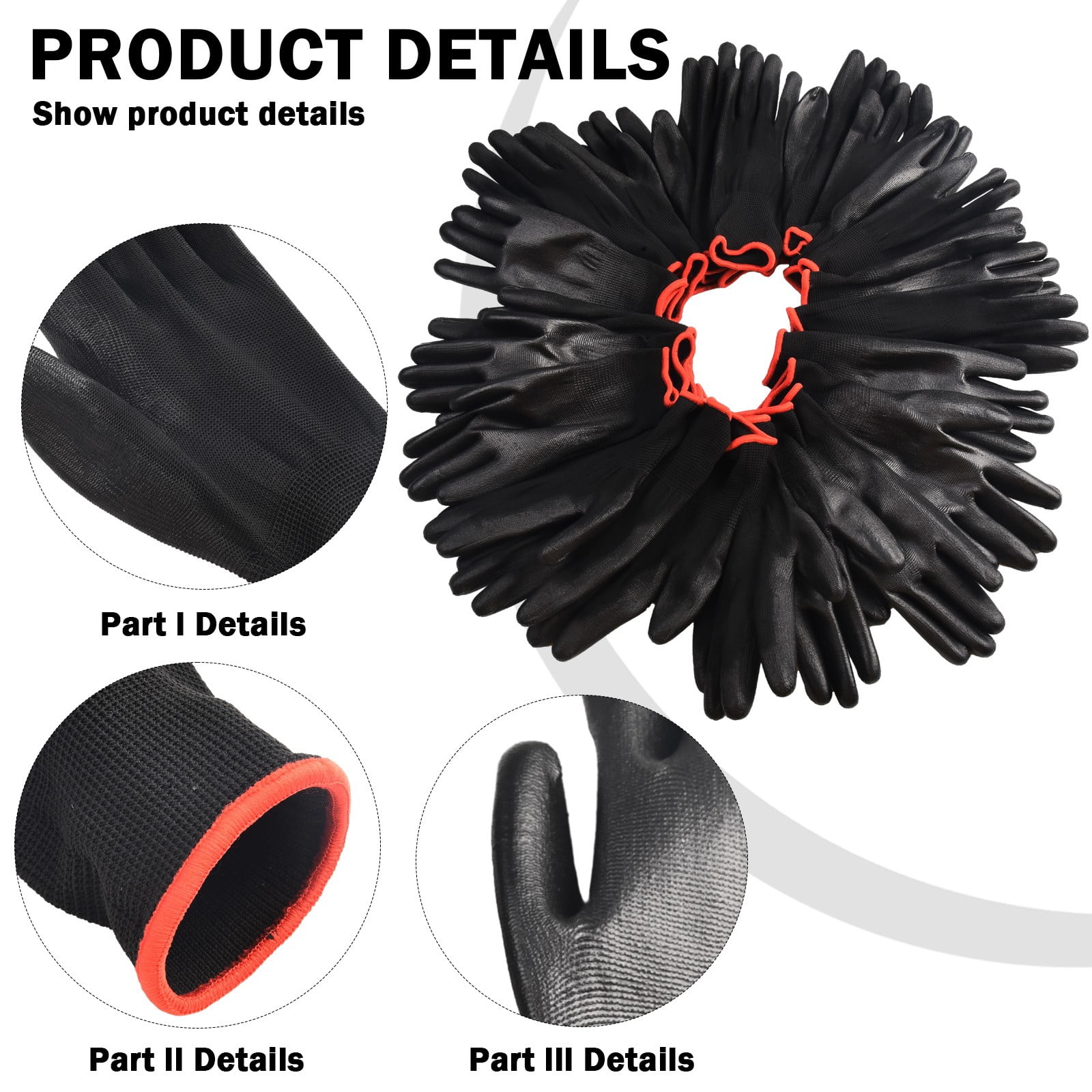 12 Pcs Safety Working Gloves Black Pu Nylon Cotton Glove Industrial Protective Work Gloves NMSafety Brand Supplier 12 Pairs