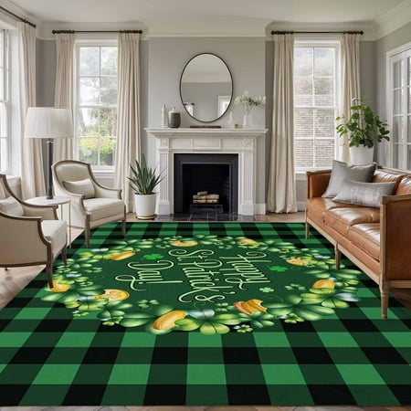 5x8 Area Rugs for Living Room St Patricks Day Non Slip Area Rugs for Kitchen Bedroom Entryway Spring Gold Coin Green Shamrock Plaid Washable Carpet Runner Rug Floor Mats for Bedroom Home Decor