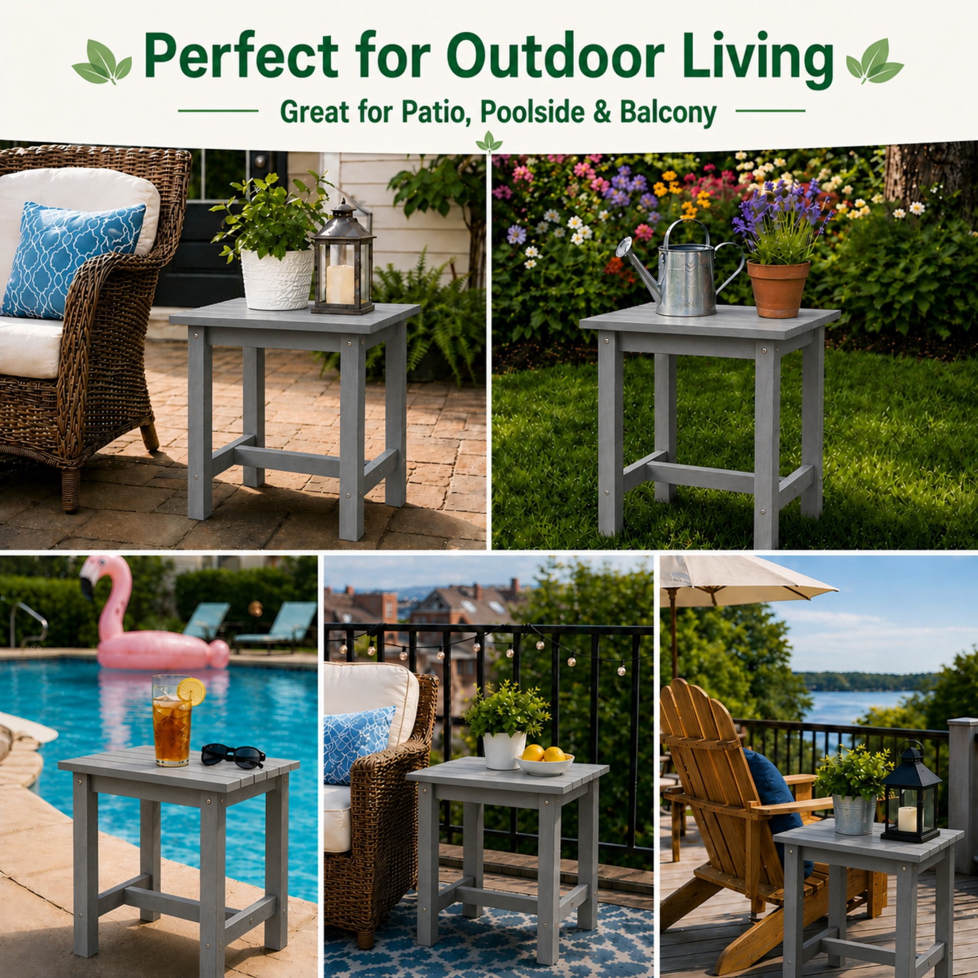 Y&M Outdoor Side Table, HDPE Patio End Table for Adirondack Chair, Weather Resistant Small Accent Table, Gray, Single Layer