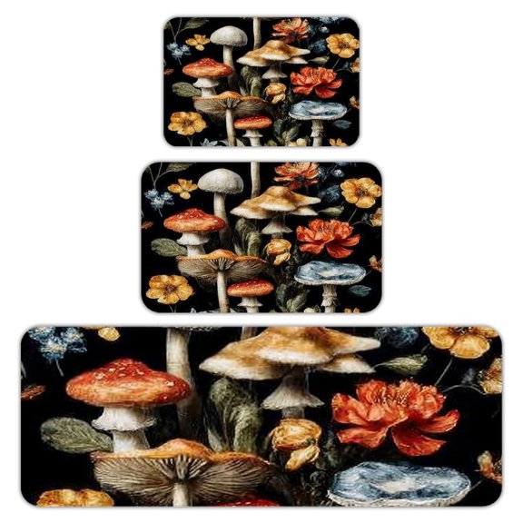 RKSupls Kitchen Rug Set 3 Piece Anti-Slip Flannel Floor Mats, Mushroom Floral Dark Washable Absorbent Runner Mats for Kitchen Bathroom Home Decor