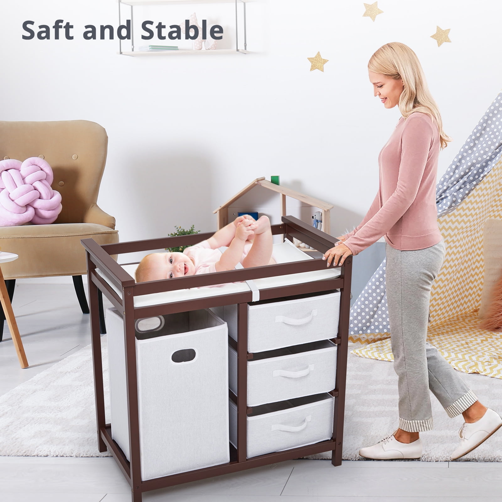 Roromall Wooden Baby Changing Table, Diaper Changing Table, Infant Diaper Changing Station Dresser with Laundry Hamper, 3 Drawer Basket and Changing Pad