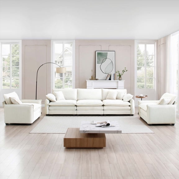 Modern Beige Corduroy 3-Seater Sofa Set with Soft Cushions and Pillows