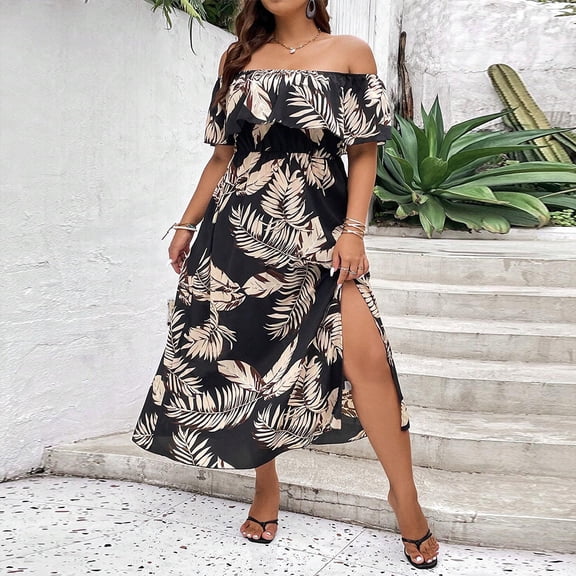Plus-size women's short-sleeved off-shoulder fitted waist slit printed dress