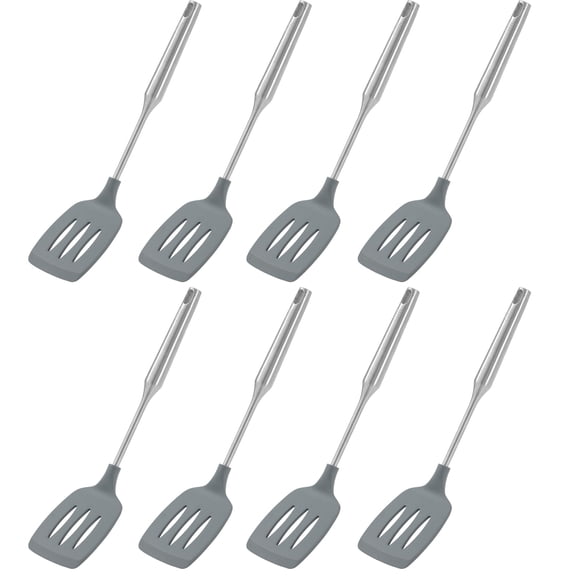 YBM Home Seamless One-Piece Plastic Slotted Turner/Spatula with Stainless Steel Handle Kitchen, Grey, Pack of 8
