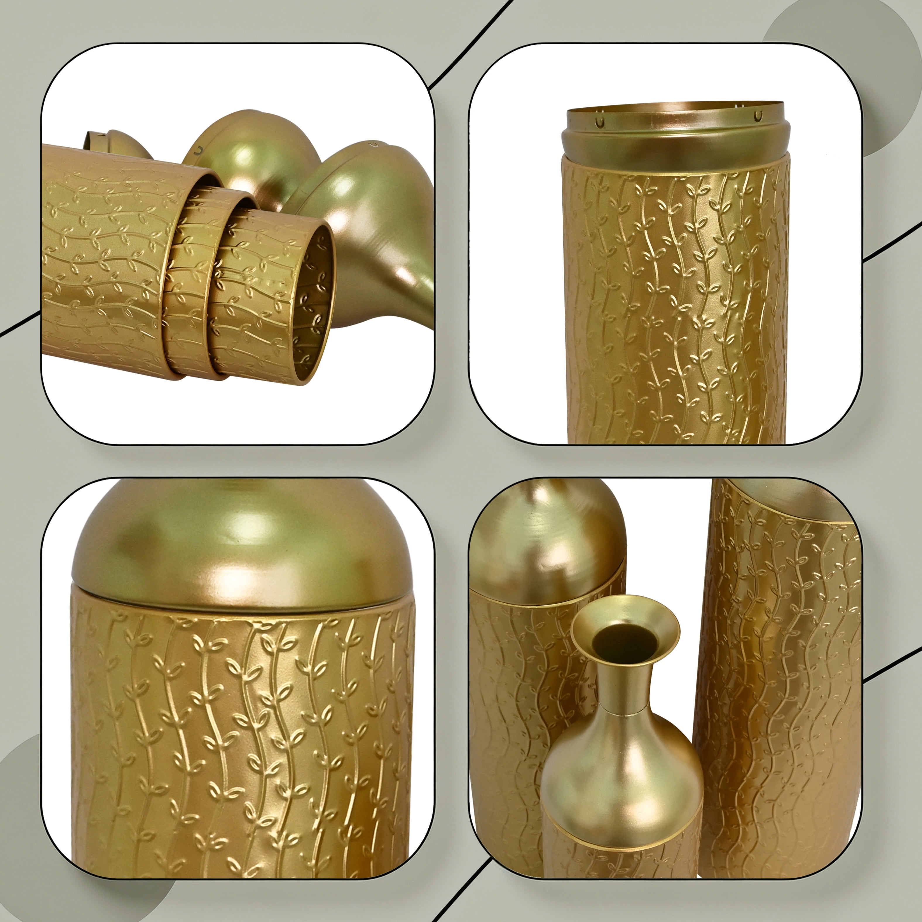Metal Floor Vases Set of 3 with Leaf Pattern, Tall Decorative Vases and Home Decor Accents for Living Room Entryway, Gold