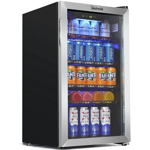AstroAI Beverage Refrigerator 90 Liter/120 Can, Mini Fridge with Glass Door for Beer Soda or Wine, Drink Fridge for Office, Bar, Home
