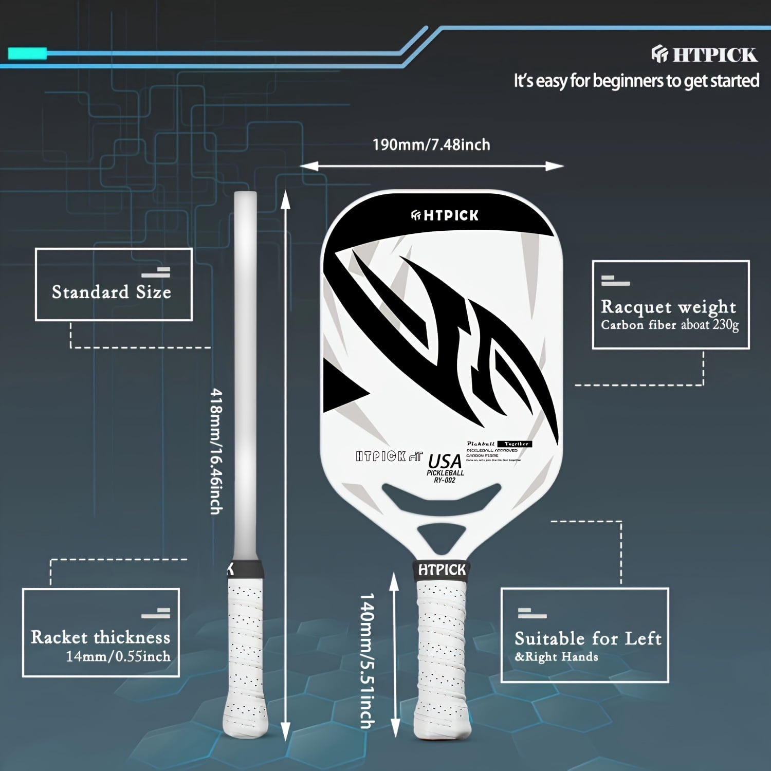 Carbon fiber pickup racket with air throat, hot formed pickup racket for power and control, 14mm polypropylene honeycomb core, textured carbon sand surface