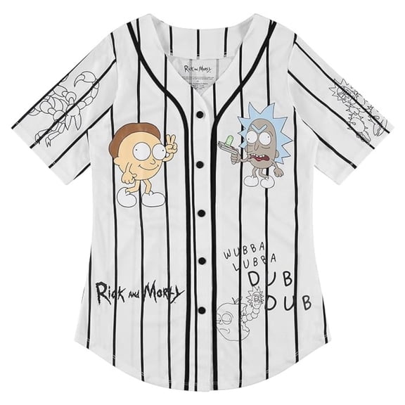 Rick and Morty Women's Baseball Jersey, Printed Cartoon Classic Baseball Shirt White - M