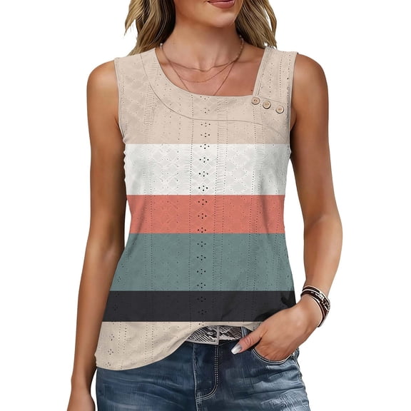 PNTUTB Fashion Women's Striped Color Blocked Casual Loose Openwork Asymmetric Neckline Sleeveless Tank Top