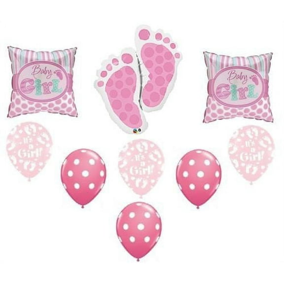 LoonBalloon IT'S a GIRL Baby FOOT Feet PINK Polka Shower 9 Party Mylar & Latex Balloon Set B
