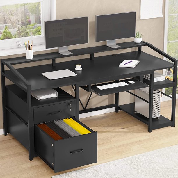 SEDETA Computer Desk, Office Desk with File Drawers with Lock, Home