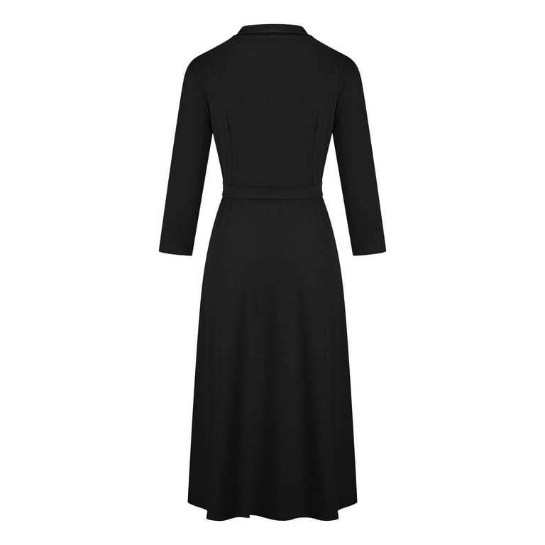 FITORON Dress for Women- Elegant Slim Party Dress Long Sleeve Pullover V  Neck Solid Fit Flare Dress Black