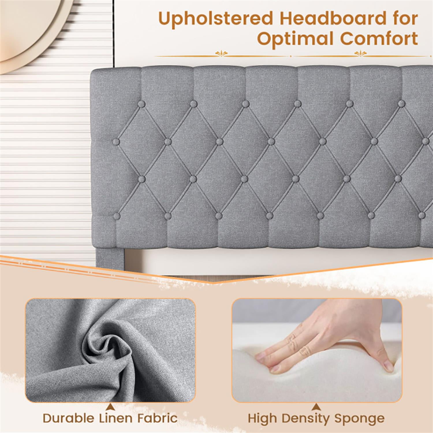 Demi Bonn Queen Size Upholstered Platform Bed Frame with Button Tufted Headboard and Wooden Slats Support, Fully Upholstered Mattress Foundation, Gray