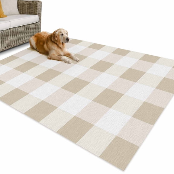 Outdoor Rug 5x8 ft Beige Plaid Waterproof Outdoor Patio Rug Mat Non Slip Outside Area Rugs Carpet for RV,Camping,Porch,Deck,Pool,Balconybackyard,Checkerd Pattern