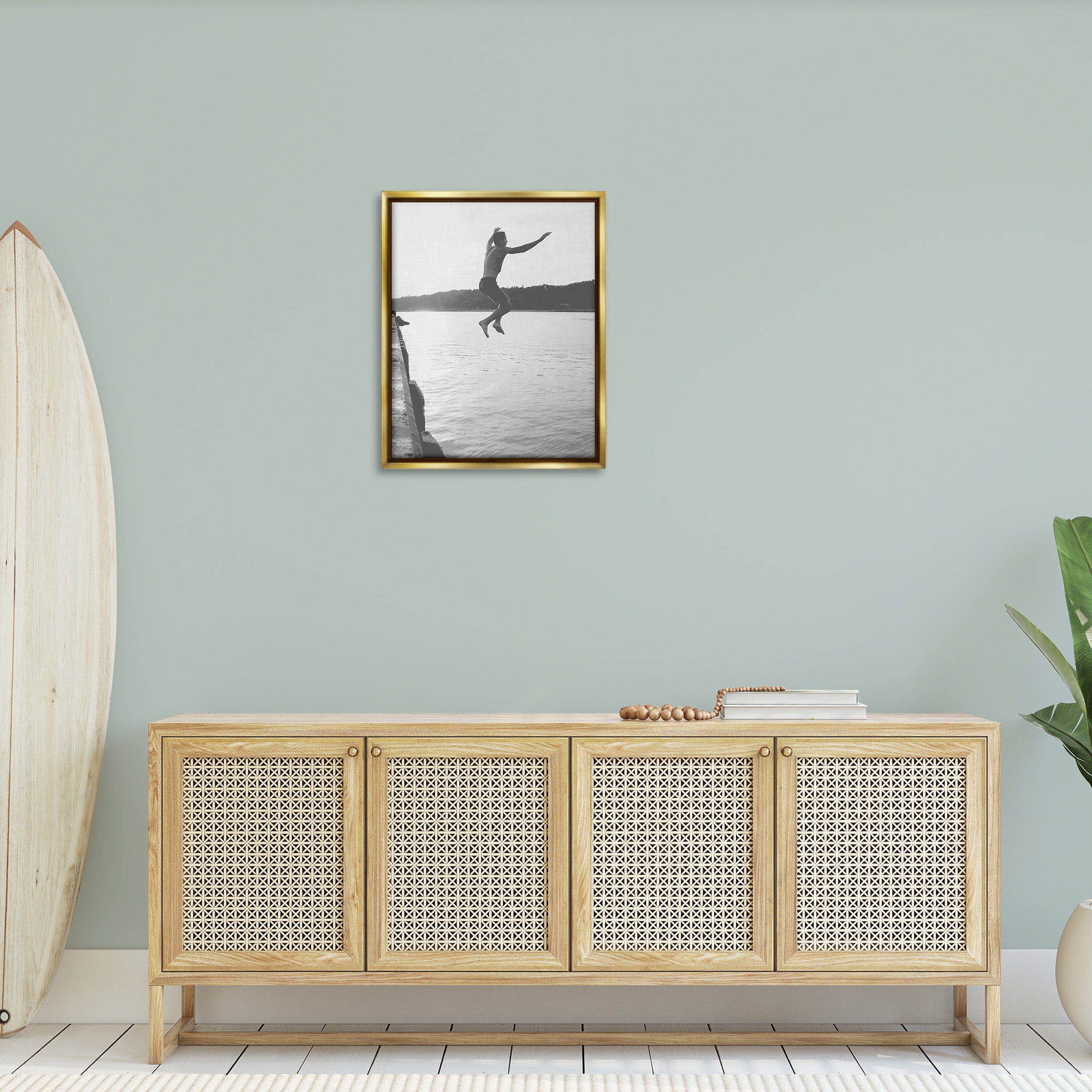 Stupell Industries Jumping in Lake Photography Landscape Photography Gold Floater Framed Canvas Art Print Wall Art, 25 x 31
