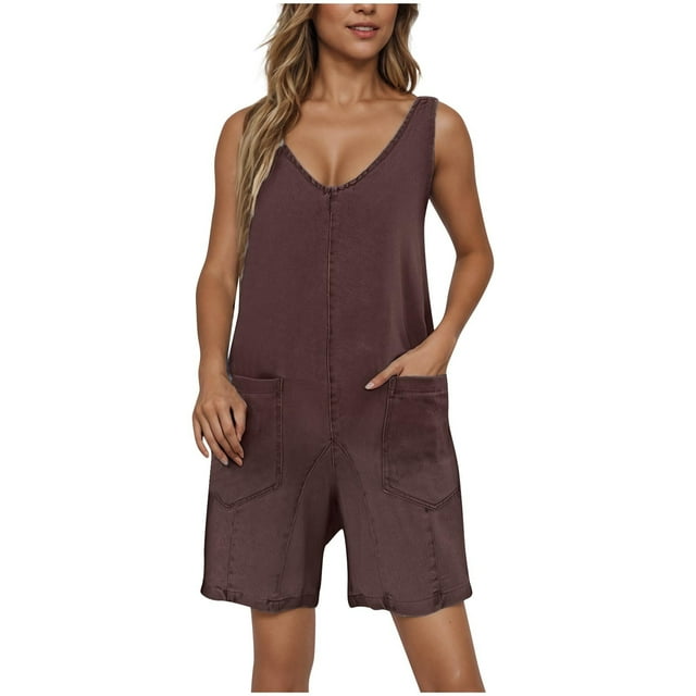 Économies d'Été! SROBPTY Shorts d'Été pour Femmes, Mode Décontractée avec Poches, Bretelles Réglables, Jeans Marron, L