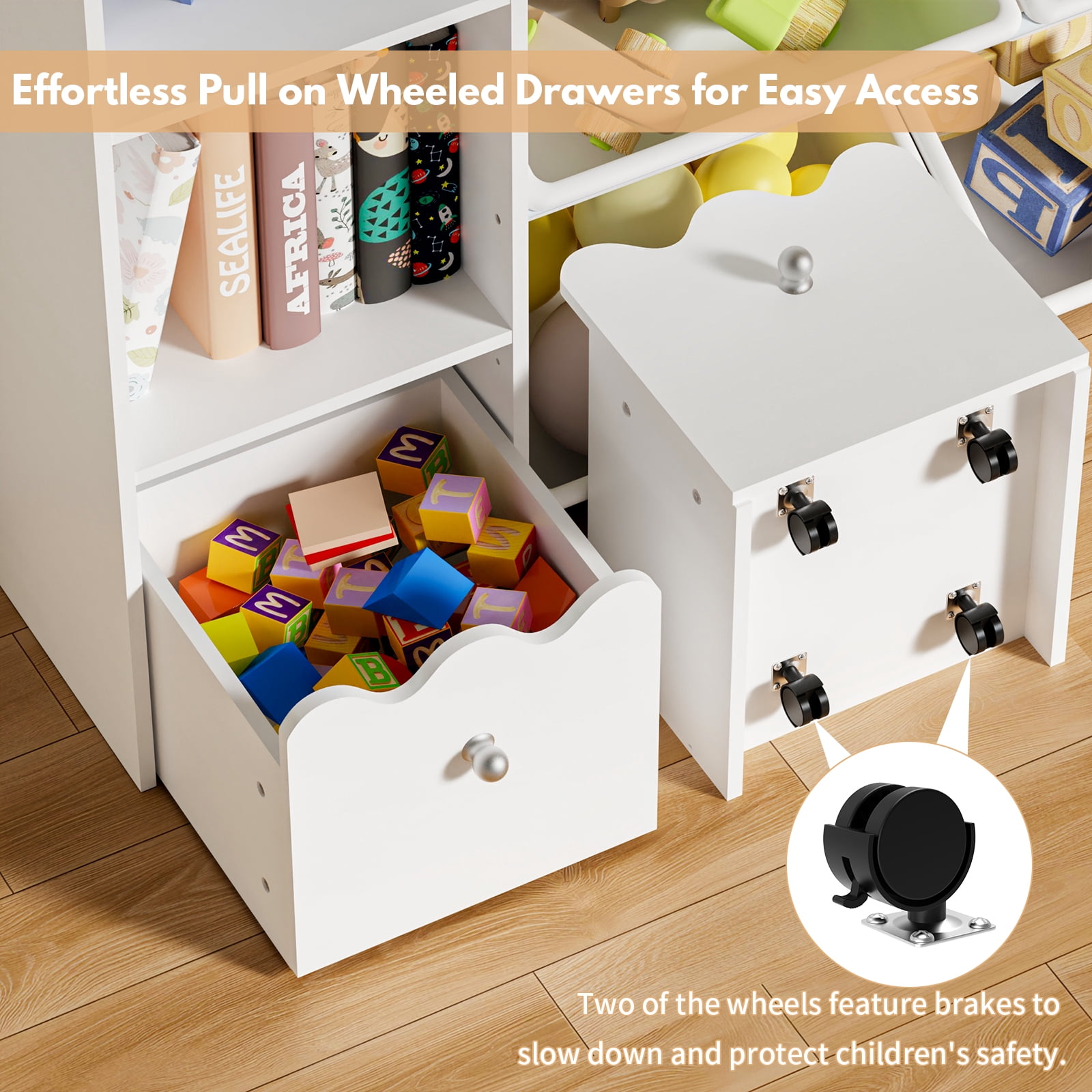 Hommpa Kids Toy Storage Organizer with 8 Toy Storage Bins, Kids Bookcase with 4-Tier Bookshelf, Toy Organizer with 2 Removable Drawers and 3 Cube Storage for Bedroom Playroom, White
