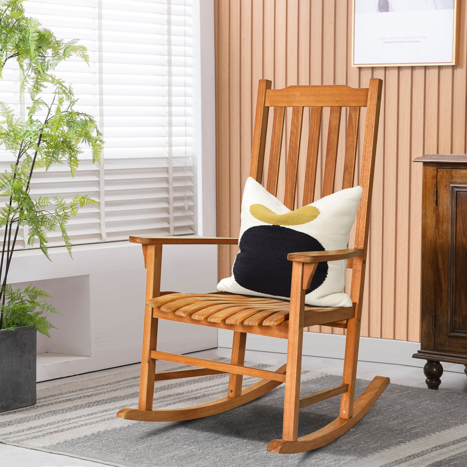 Patiojoy Outdoor Single Rocking Chair Wooden Patio Rocker Chair Natural Wood