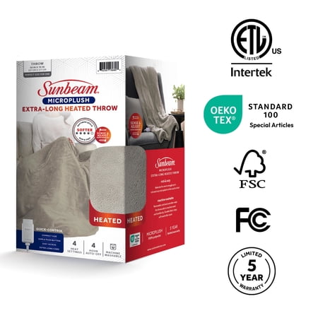 SUNBEAM ELECTRIC HEATED THROW BLANKET OVERSIZE WASHED STONE MICROPLUSH 4 HEAT SETTINGS