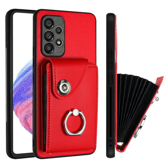 Designed for Samsung Galaxy A53 5G Case Wallet Credit Card Holder with Rotation Finger Ring Kickstand, Hidden Pocket Anti-Scratch PU Leather Shockproof Protective Cover for Galaxy A53 5G, Red