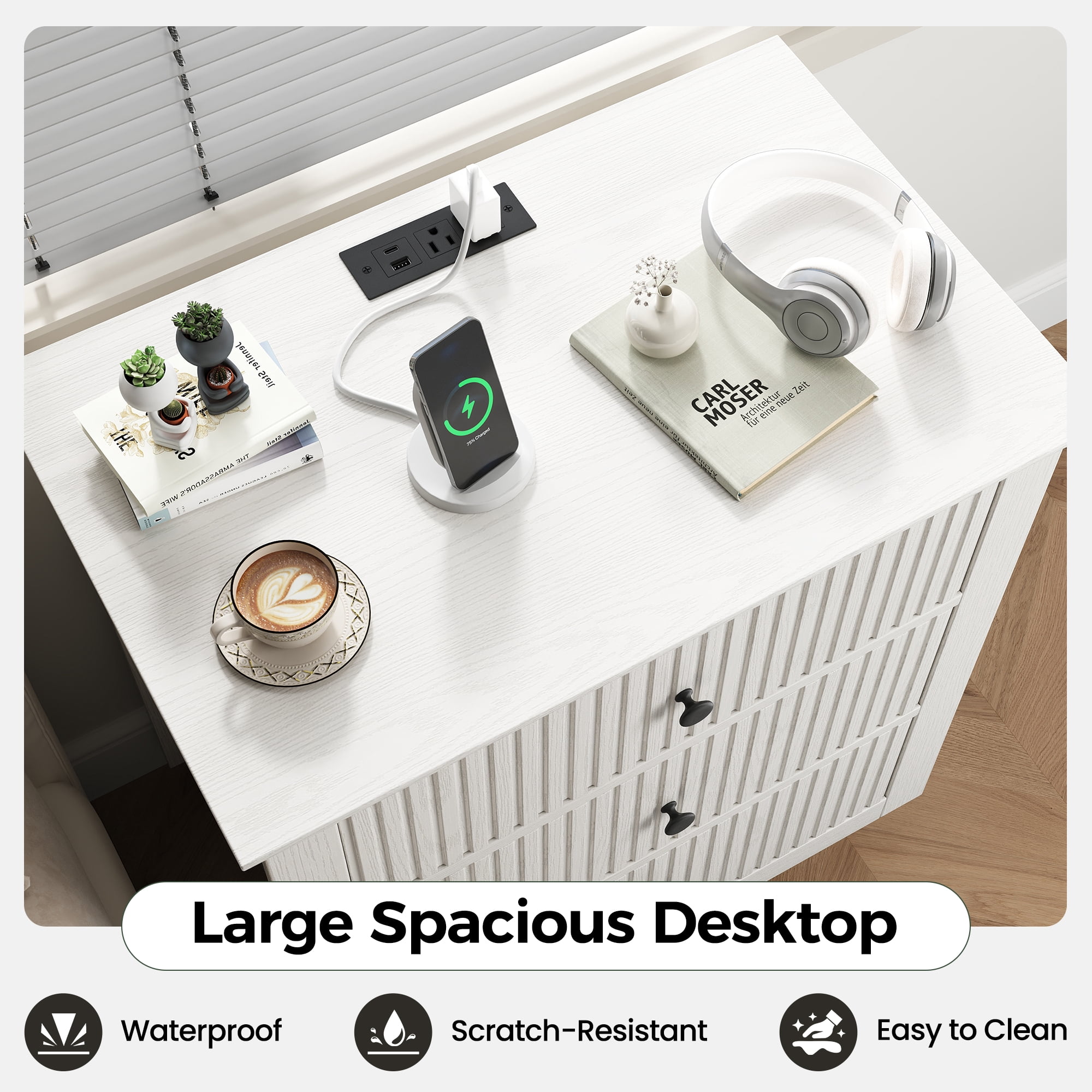 IDEALSOUL Nightstand, 24" Wide End Table with Storage, Fluted Nightstand with USB Charging Station, Large 3 Drawers nightstand for Bedroom Living Room(1pc, White)