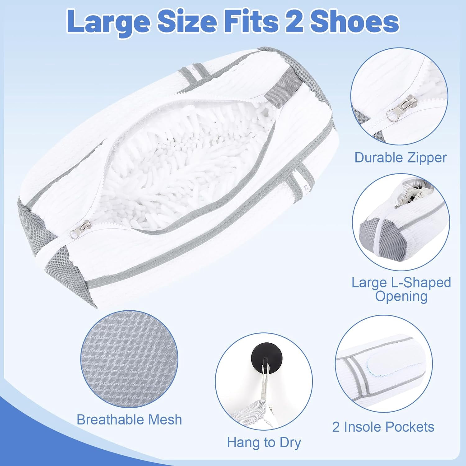 2 PCS Shoe Washing Machine Bag, Reusable L-shaped Zipper Laundry Bag for with Insoles Mesh Pocket Washer and Dryer, Cleaning Bags Sneaker Tennis Shoes