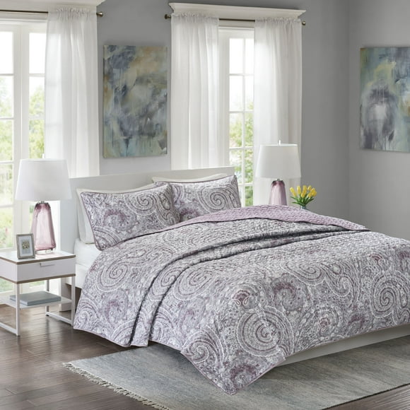 Comfort Spaces Paisley Design, Double Sided Quilting All Season, Lightweight, Coverlet Bedspread Bedding Set, Matching Shams, King/Cal King(104"x90"), Kashmir Purple
