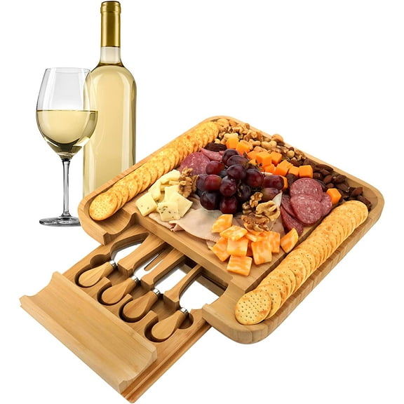 ROYAL HOUSE Unique Bamboo Cheese Board and Knife Set – Serving Tray for Crackers, Meat, and Wine – Wood Charcuterie Platter with Slide-Out Cutlery Drawer – Perfect Wedding and Housewarming Gift