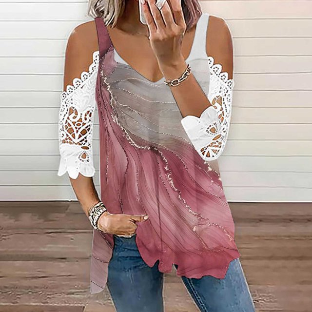 Fiudx Ofertas Del Día Tops de Encaje con Estampado de Manga Corta y Cuello En V a La Moda para Mujer