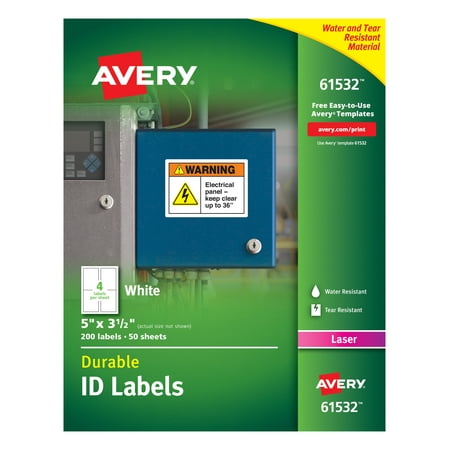 Avery Durable ID Labels, TrueBlock Technology, Permanent Adhesive, 5" x 3-1/2", 200 Labels (61532)
