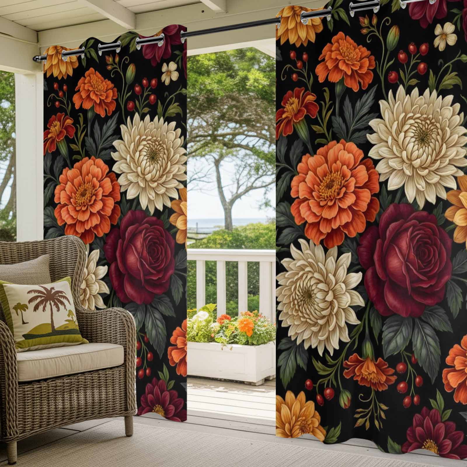 Dahlias Roses Outdoor Curtains for Patio, Country Watercolor Red Orange Flower Berry Green Leaf Sunshade Privacy Drapes Grommet Waterproof Outside Curtains for Porch/Cabana/Balcony 54"x 108", 1 Panel