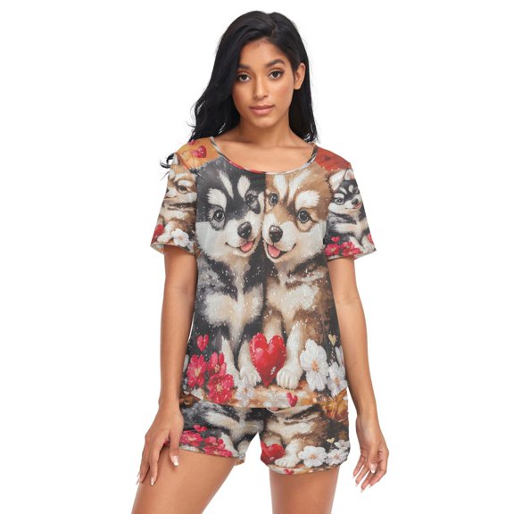 Women Pajama Sets Short Sleeve Sweatshirts Puppies with Flowers and Hearts Casual Tops and Shorts