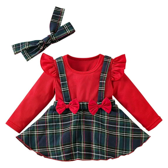 Wuxian Girls Winter Dress Long Sleeve Crewneck Ruffled Plaid Skirt Bodysuit Dress With Bow Headband Two Piece Romper Stylish Dresses Cute Dresses,Green,12-18 Months