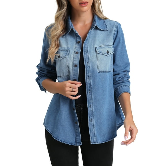 DARING DIVA Women's Trendy Long Sleeve Button Down Washed Denim Jacket XS Light Blue