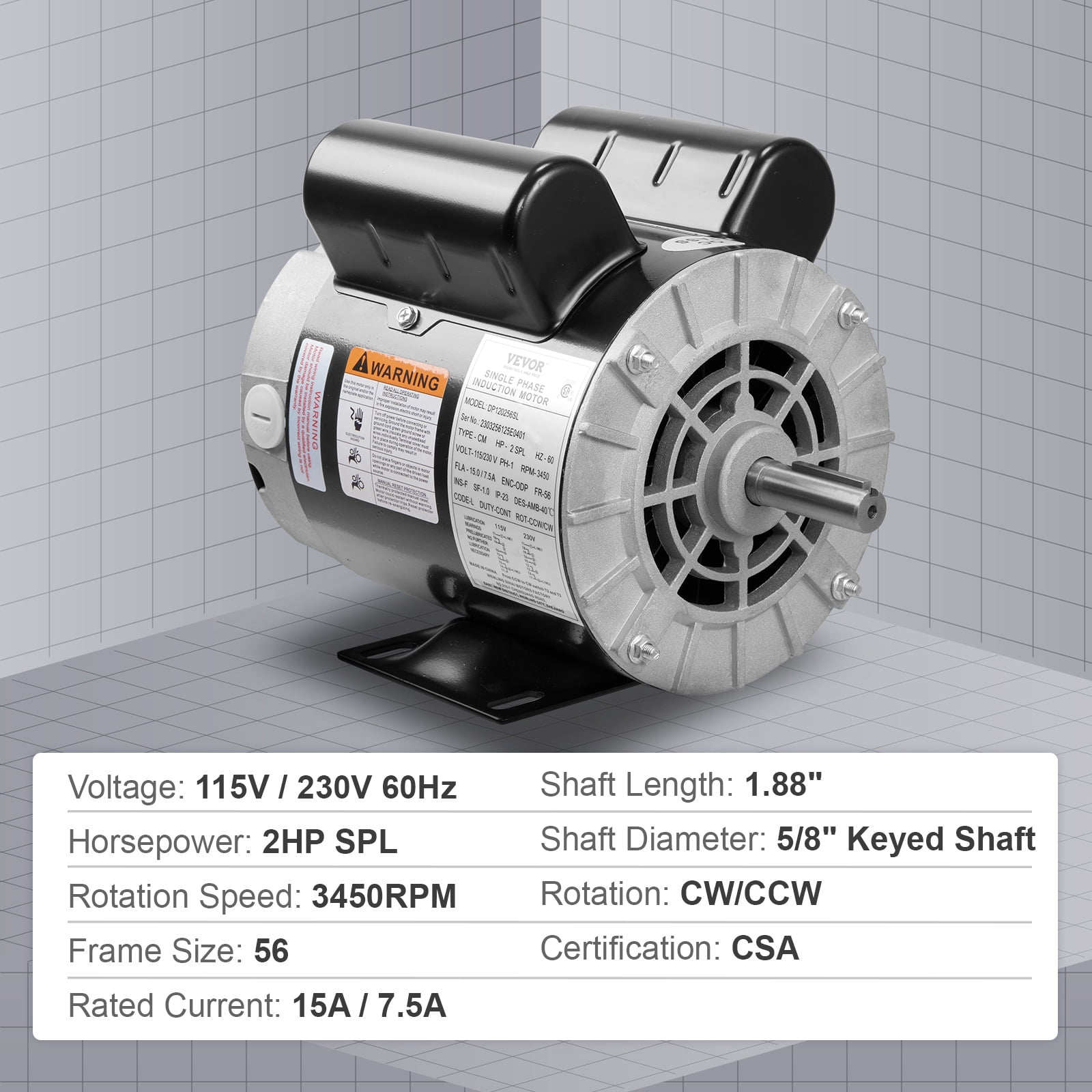 BENTISM 2HP SPL Air Compressor Electric Motor, 115/230V, 15/7.5Amps, 56 Frame 3450RPM, 5/8" Keyed Shaft, CW/CCW Rotation, 1.88" Shaft Length for Air Compressors Has Obtained CSA Certification