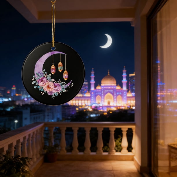 Adorno de Ramadán | Decoración colgante islámica | Guirnalda de luna creciente y mezquita | Decoración acrílica para ventanas de hogar y coche | Decoración para festivales religiosos de 8 cm
